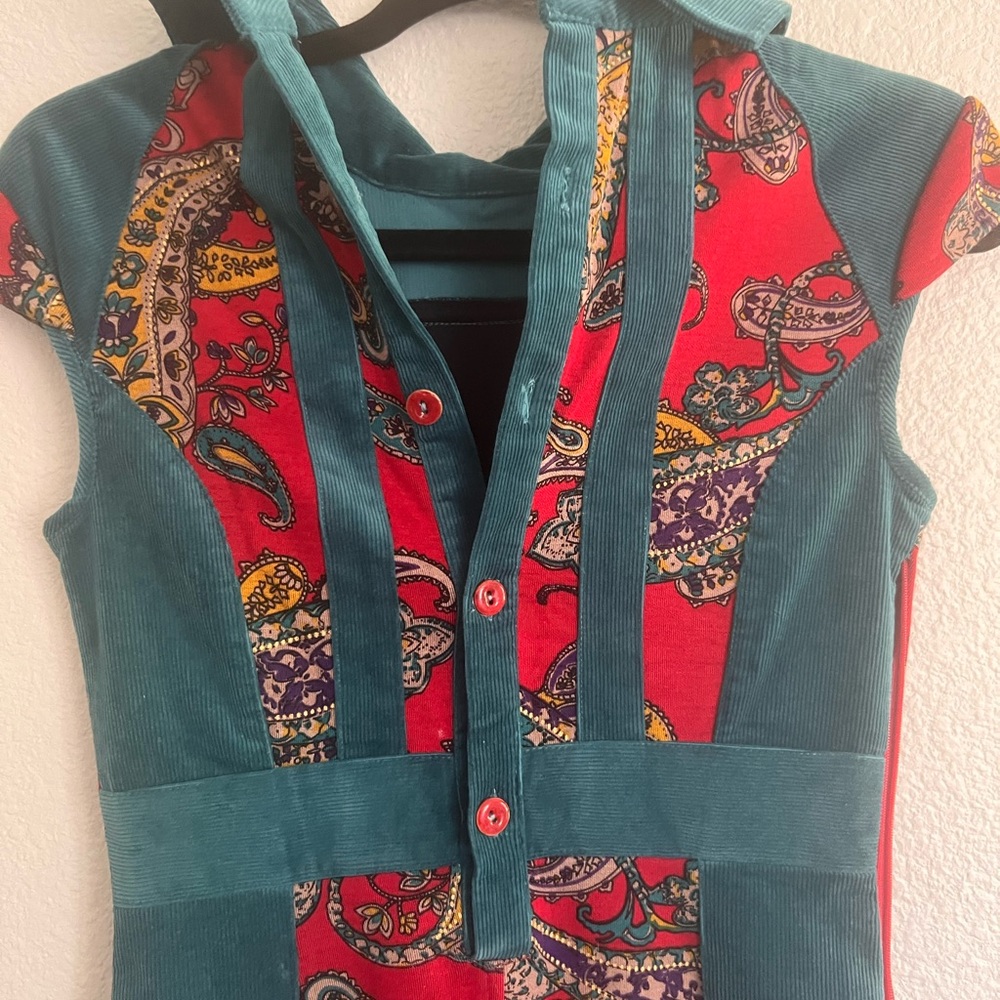 Teal & Red Paisley Hooded Corduroy Dress